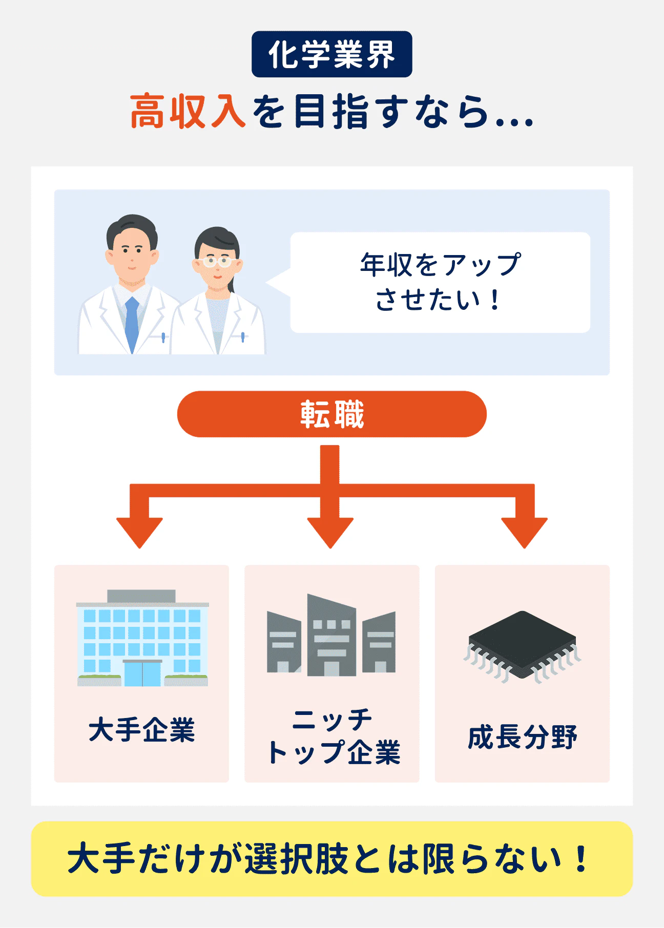 化学業界で高収入を目指したい場合、大手だけでなく、ニッチトップ企業や成長分野も選択肢に入ってくる。