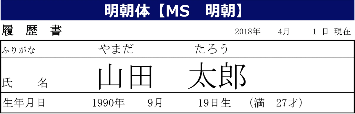 明朝体【MS明朝】：履歴書の日付、氏名、生年月日を明朝体で書いた場合。