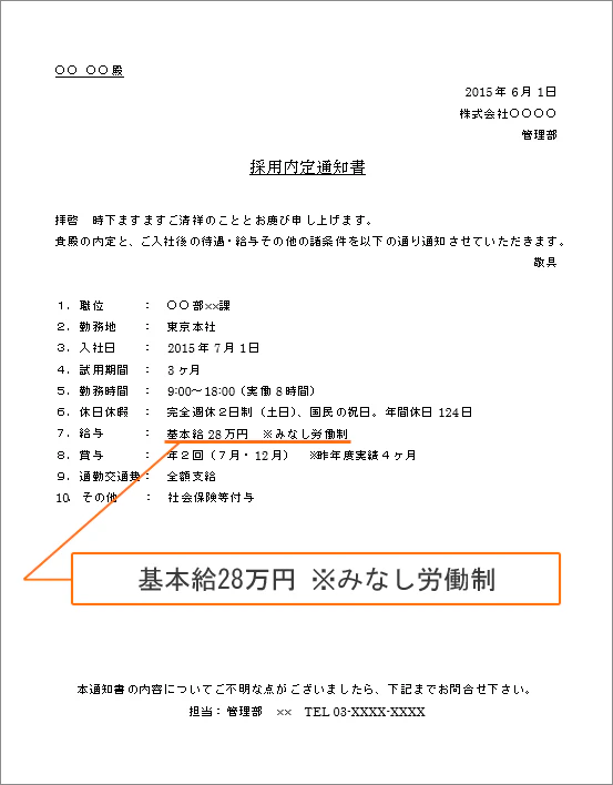 採用内定通知書(給与みなし労働制)