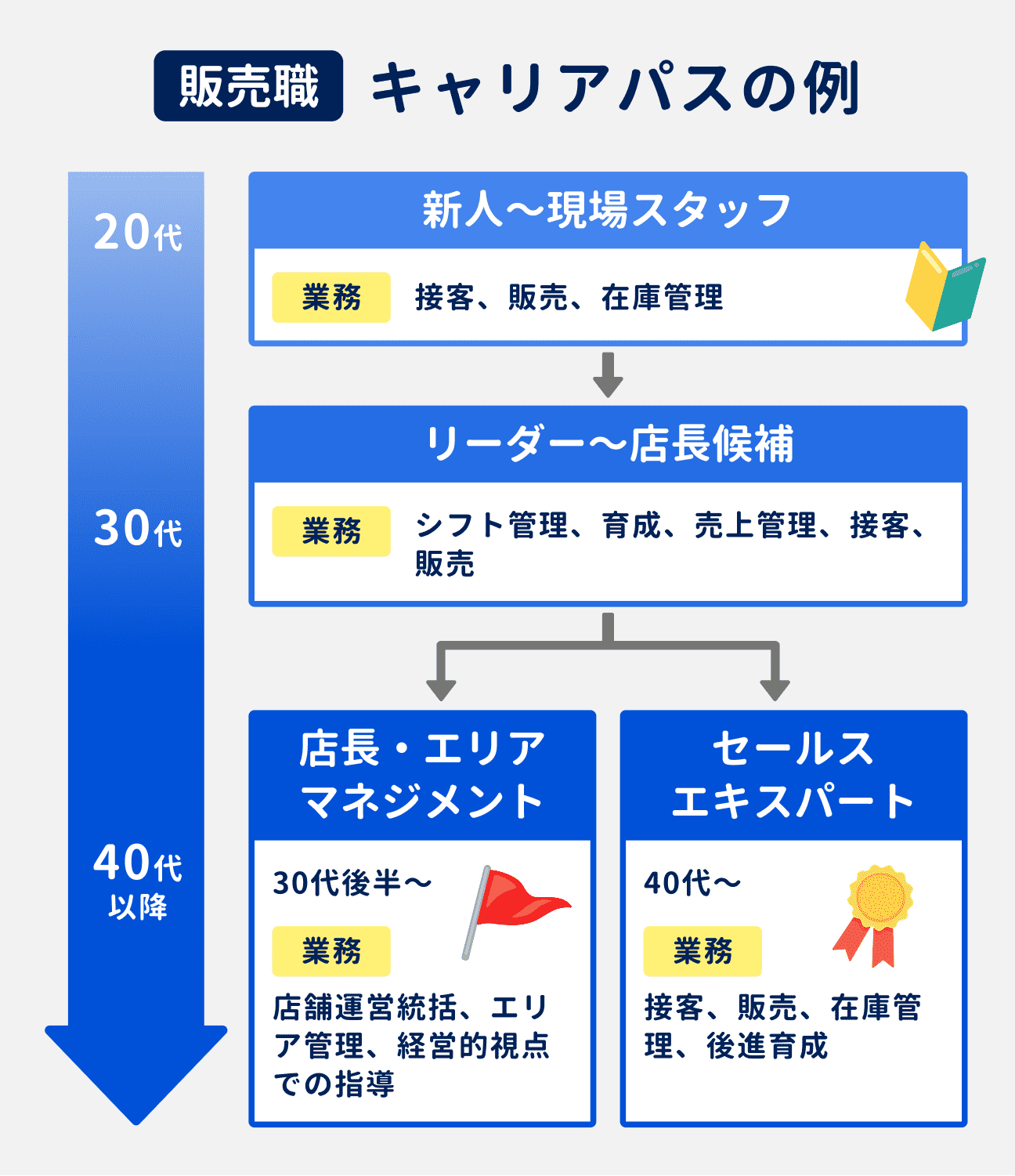 販売職のキャリアパスの例｜20代：新人～現場スタッフとして、接客・販売・在庫管理業務を担当｜30代：リーダー～店長候補として、シフト管理・育成・売上管理・接客・販売業務を担当｜30代後半・40代以降：キャリアが2つに分岐。（1）店長・エリアマネジメントとして、店舗運営統括・エリア管理・経営的視点での指導を担当、（2）セールスエキスパートとして、接客・販売・在庫管理・後進育成を担当
