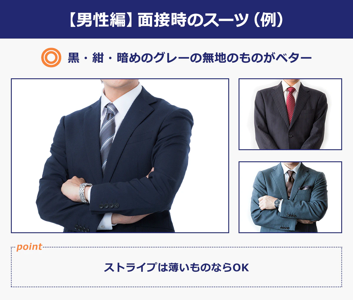 【男性編】面接時のスーツ（例）黒・紺・暗めのグレーの無地のものがベター／ストライプは薄いものならOK