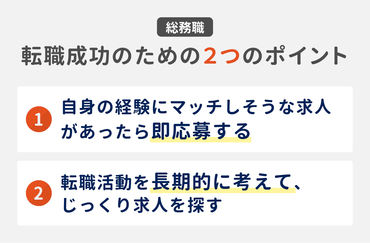 総務職の転職成功のための2つのポイント｜（1）自身の経験にマッチしそうな求人があったら即応募する、（2）転職活動を長期的に考えて、じっくり求人を探す