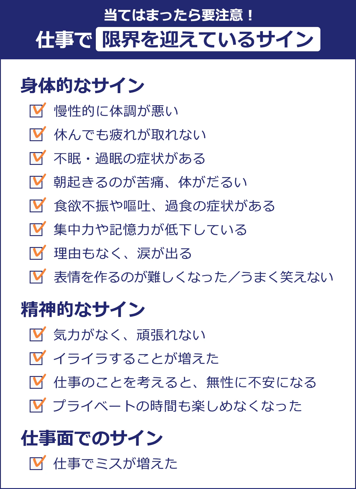 【当てはまったら要注意!仕事で限界を迎えているサイン】<身体的なサイン>慢性的に体調が悪い/休んでも疲れが取れない/不眠・過眠の症状がある/朝起きるのが苦痛、体がだるい/食欲不振や嘔吐、過食の症状がある/集中力や記憶力が低下している/理由もなく、涙が出る/表情を作るのが難しくなった/うまく笑えない<精神的なサイン>気力がなく、頑張れない/イライラすることが増えた/仕事のことを考えると、無性に不安になる/プライベートの時間も楽しめなくなった<仕事面でのサイン>仕事でミスが増えた