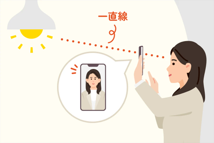 体とカメラと照明が一直線に並ぶように写真アプリを使っている人物のイラスト