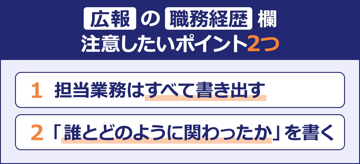 ~広報の職務経歴欄 注意したいポイント2つ~1 担当業務はすべて書き出す|2 「誰とどのように関わったか」を書く