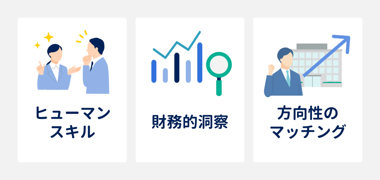 面接選考で重視される3つのポイント｜（1）ヒューマンスキル、（2）財務的洞察、（3）方向性のマッチング