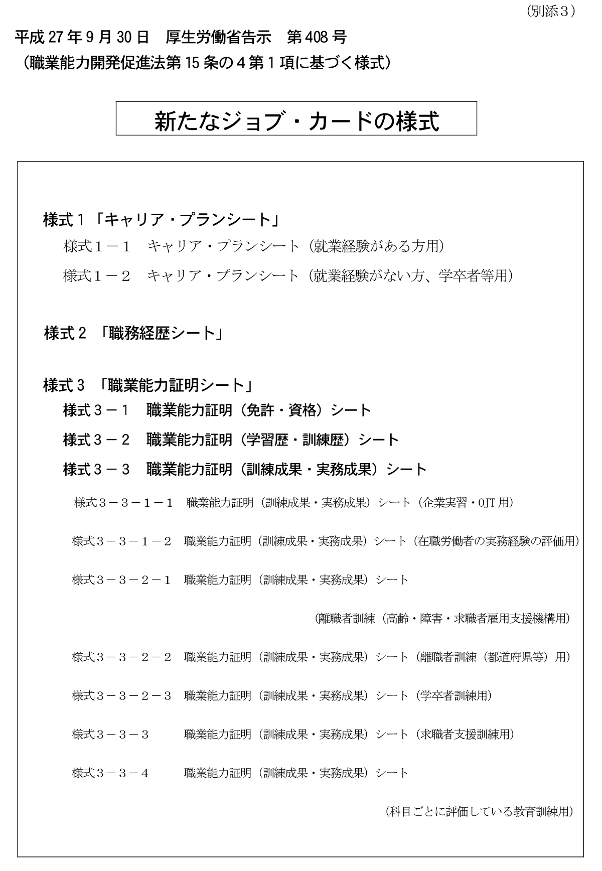新たなジョブ・カードの様式一覧:様式1「キャリア・プランシート」、様式2「職務経歴シート」、様式3「職業能力証明シート」※下記リンク参照