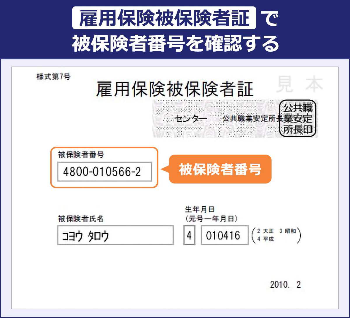 雇用保険被保険者証で確認する場合、被保険者番号は中段で確認できます。