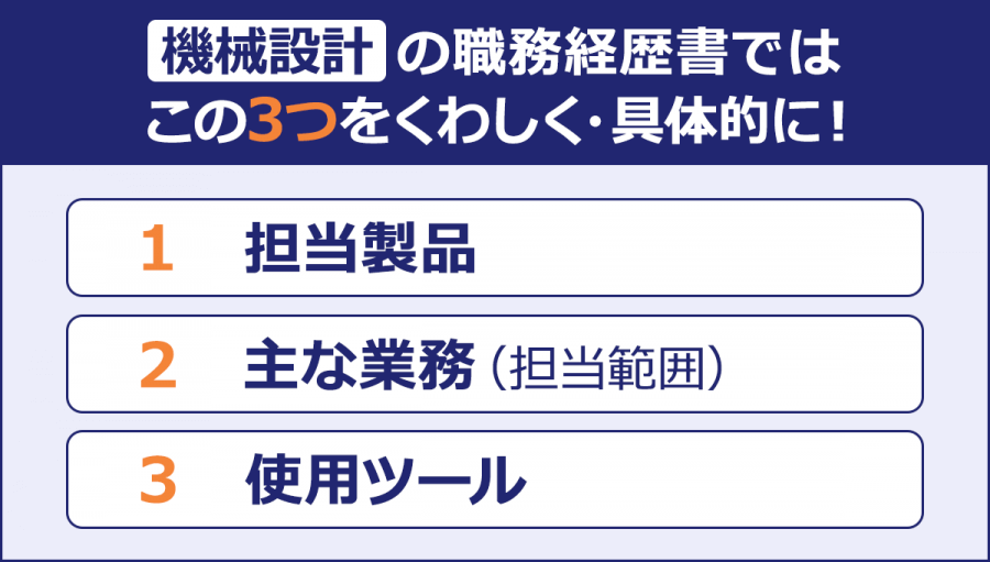 【機械設計の職務経歴書ではこの3つをくわしく・具体的に！】・担当製品・主な業務（担当範囲）・使用ツール