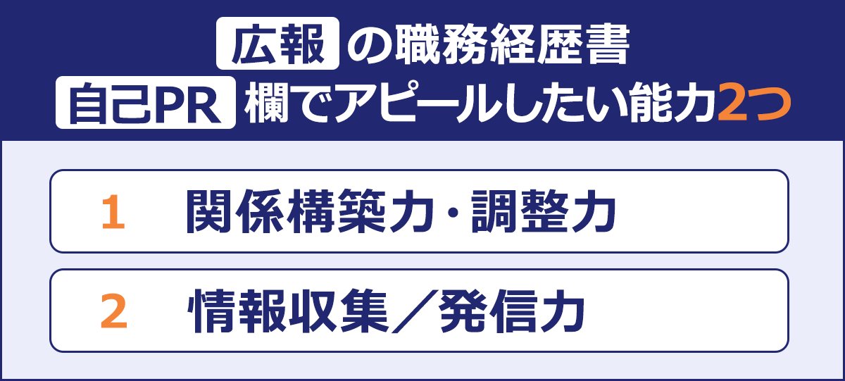 ～広報の職務経歴書 自己PR欄でアピールしたい能力2つ～1 関係構築力・調整力｜2 情報収集／発信力