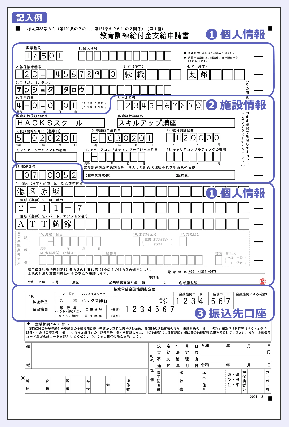 【教育訓練給付金申請書の記入例】 （1）個人情報 （2）施設情報 （3）振込先口座