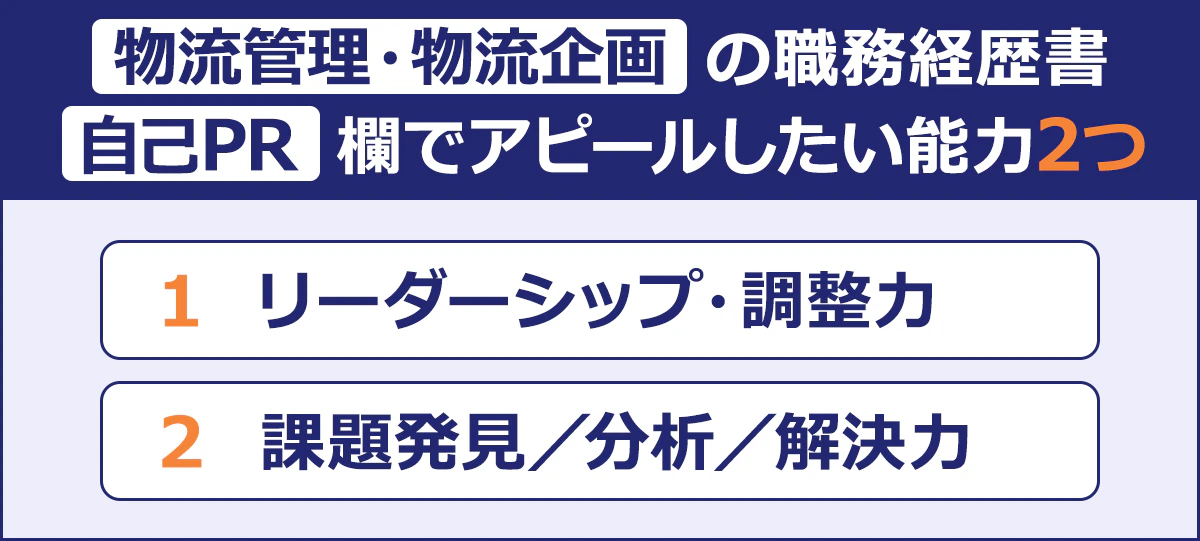 ~物流管理・物流企画の職務経歴書|自己PR欄でアピールしたい能力2つ~1 リーダーシップ・調整力|2 課題発見/分析/解決力