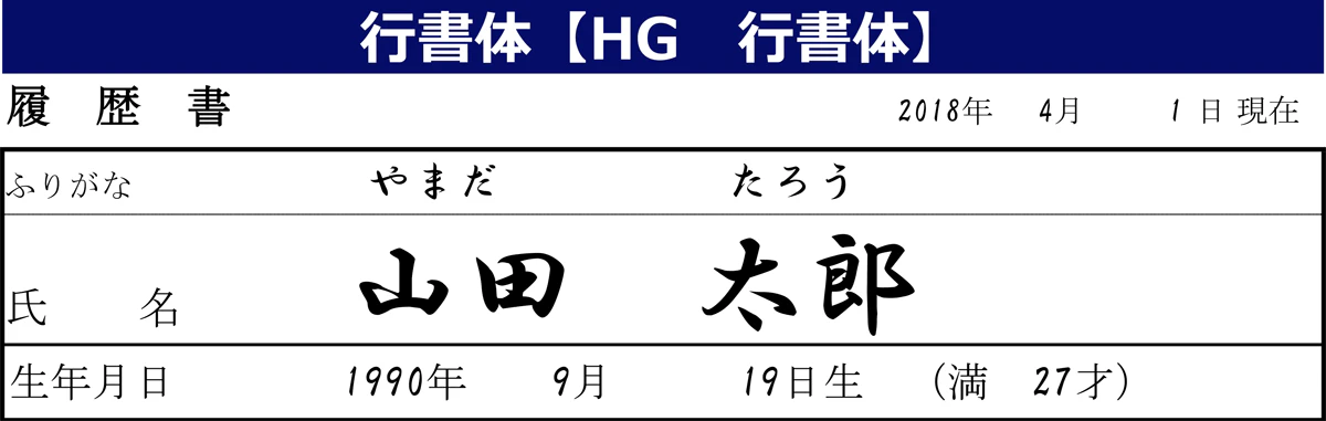 行書体【HG行書体】：履歴書の日付、氏名、生年月日を行書体で書いた場合。