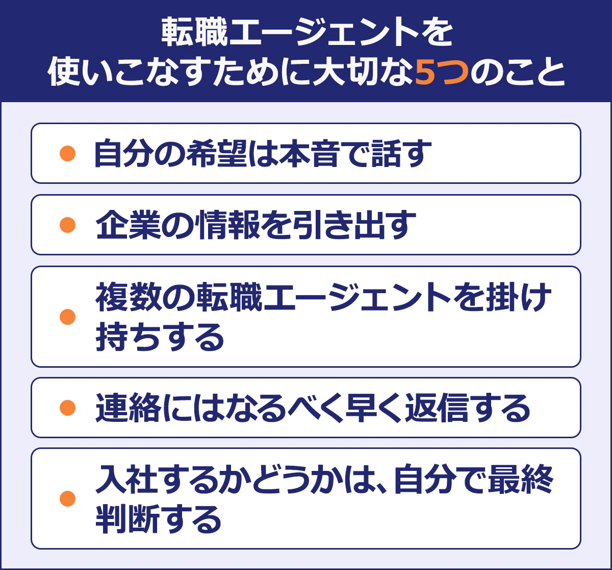 【転職エージェントを使うときの流れ】ステップ1：サービス登録／ステップ2：希望のヒアリング／ステップ3：求人紹介／ステップ4：応募書類の作成・提出／ステップ5：面接対策や日程の調整／ステップ6：内定～入社までの手続き