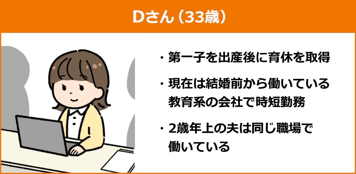 「時短勤務」をしているDさん（33歳）のイラスト・第一子を出産後に育休を取得・現在は、結婚する前から働いている教育系の会社で時短勤務・2歳年上の夫は同じ職場で働いている