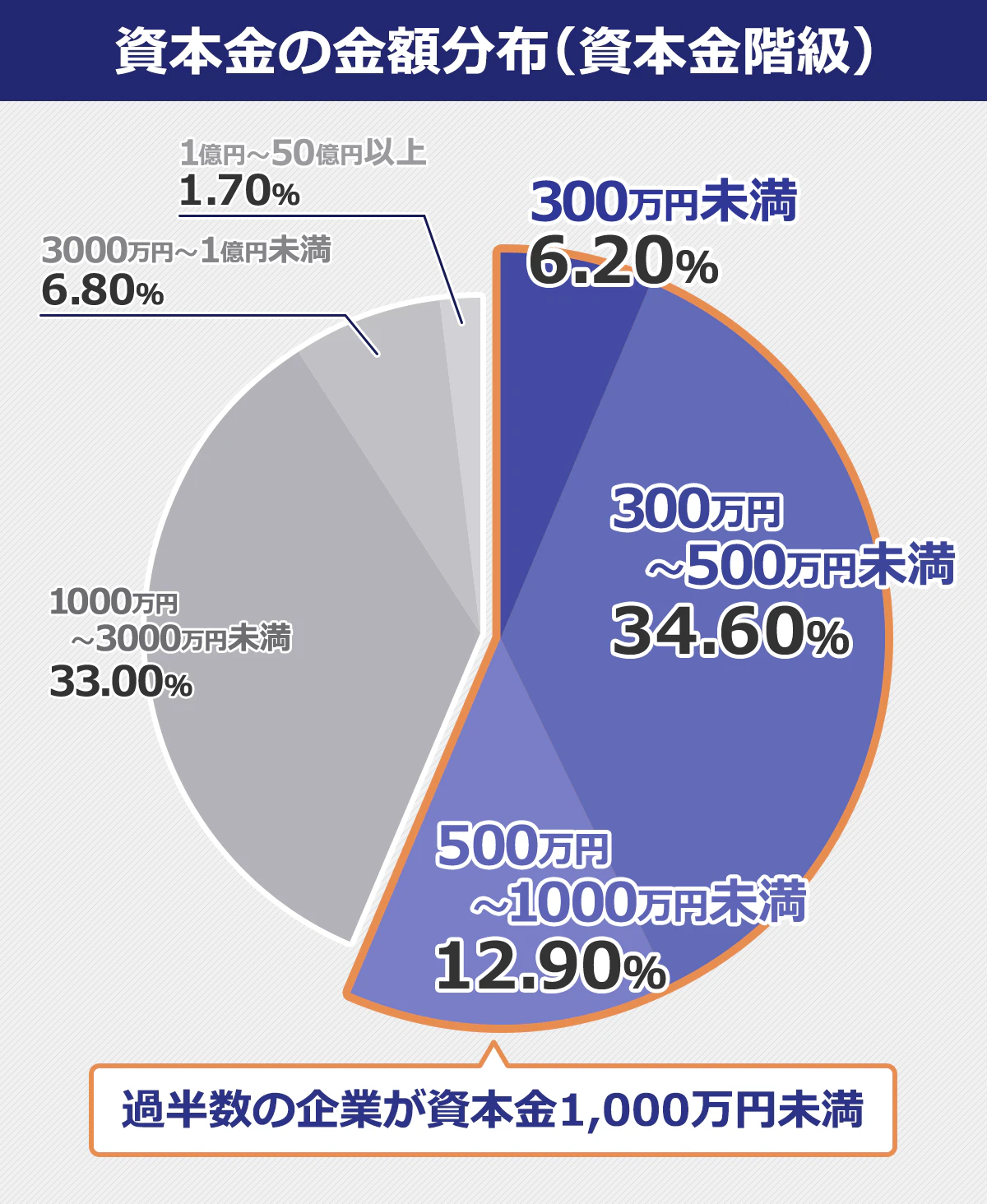【資本金の金額分布のグラフ（資本金階級）】 300万円未満6.20％ ｜300～500万円未満34.60％ ｜500～1000万円未満12.90％ ｜1000～3000万円未満33.00％ ｜3000万円～1億円未満6.80％ ｜1～50億円以上1.70％ 過半数の企業が資本金1000万円未満