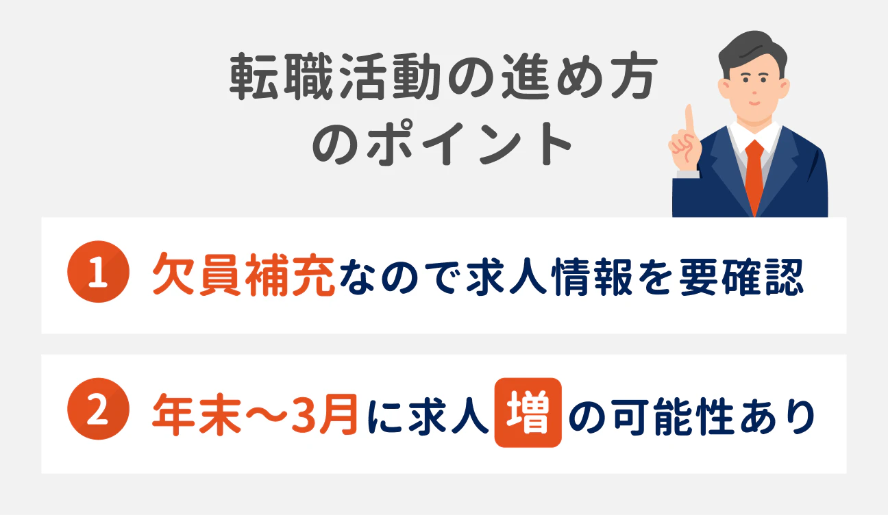 転職活動の進め方のポイント2つ|(1)欠員補充なので求人情報を要確認、(2)年末~3月に求人が増える可能性あり