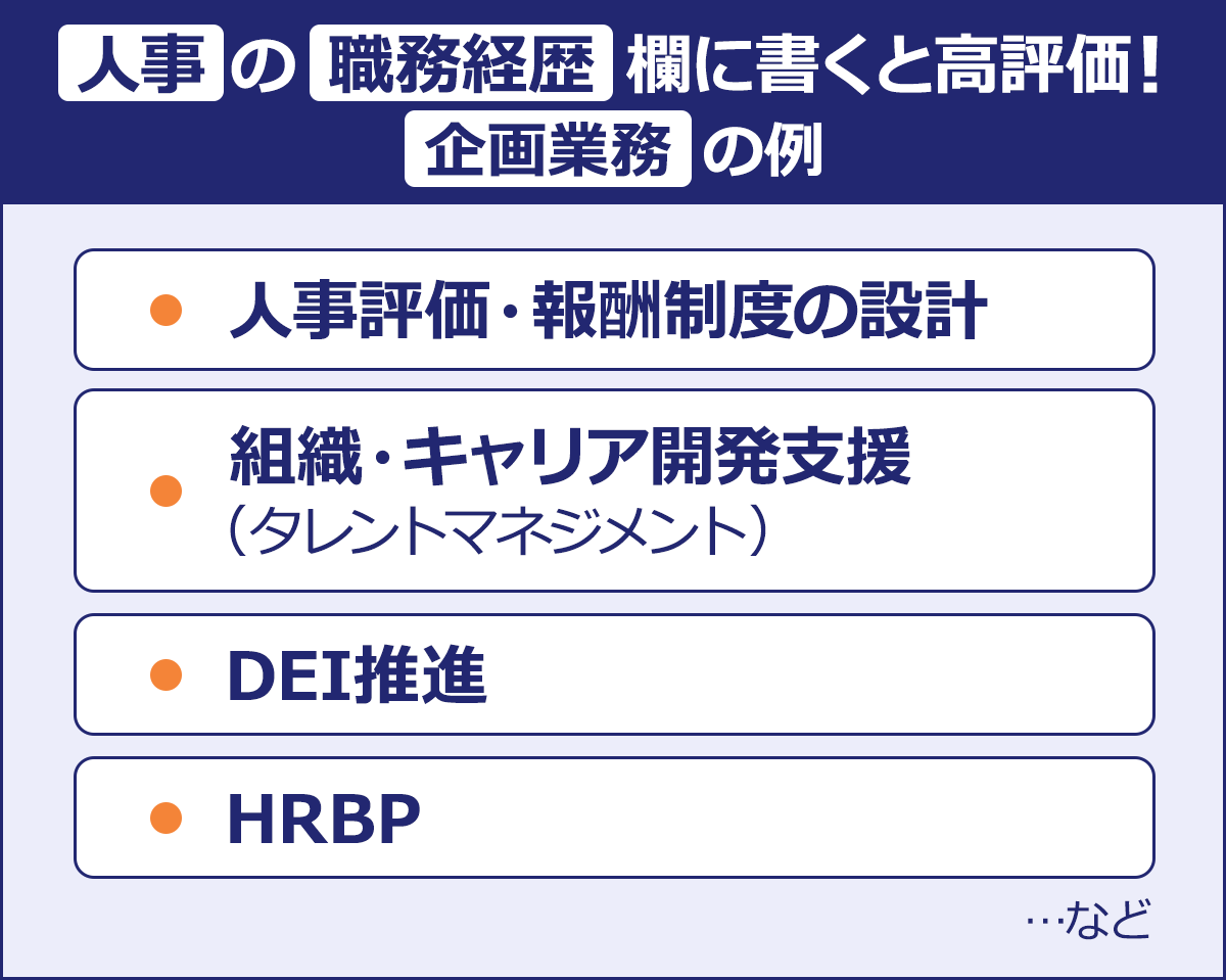 ～人事の職務経歴欄に書くと高評価！企画業務の例～・人事評価・報酬制度の設計 ・組織・キャリア開発支援（タレントマネジメント） ・DEI推進 ・HRBP …など
