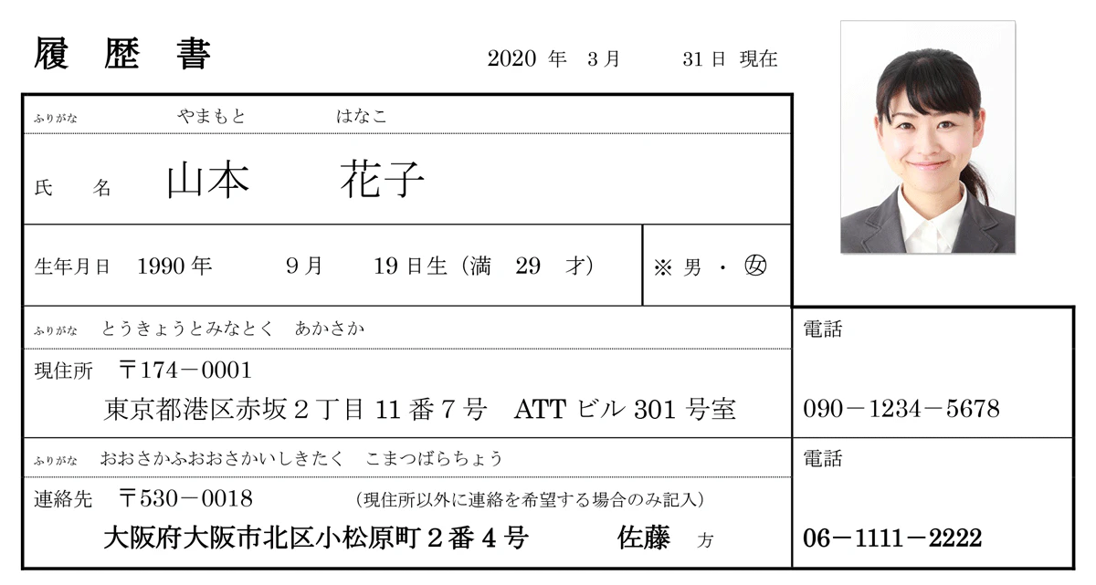履歴書の緊急連絡先の画像：自分以外の名字が表札に出ている住所にする場合、住んでいる人の名字を書く
