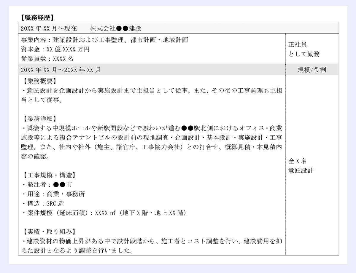 【職務経歴】|20XX 年 XX 月~現在 株式会社●●建設|事業内容:建築設計および工事監理、都市計画・地域計画|資本金:XX 億 XXXX 万円|従業員数:XXXX 名||正社員|として勤務|20XX 年 XX 月~20XX 年 XX 月 規模/役割|【業務概要】|・意匠設計を企画設計から実施設計まで主担当として従事。また、その後の工事監理も主担|当として従事。|【業務詳細】|・隣接する中規模ホールや新駅開設などで賑わいが進む●●駅北側におけるオフィス・商業|施設等による複合テナントビルの設計前の現地調査・企画設計・基本設計・実施設計・工事|監理。また、社内や社外(施主、諸官庁、工事協力会社)との打合せ、概算見積・本見積内|容の確認。|【工事規模・構造】|・発注者:●●市|・用途:商業・事務所|・構造:SRC 造|・案件規模(延床面積):XXXX m2(地下 X 階・地上 XX 階)|【実績・取り組み】|・建設資材の物価上昇がある中で設計段階から、施工者とコスト調整を行い、建設費用を抑|えた設計となるよう調整を行いました。||全 X 名|意匠設計