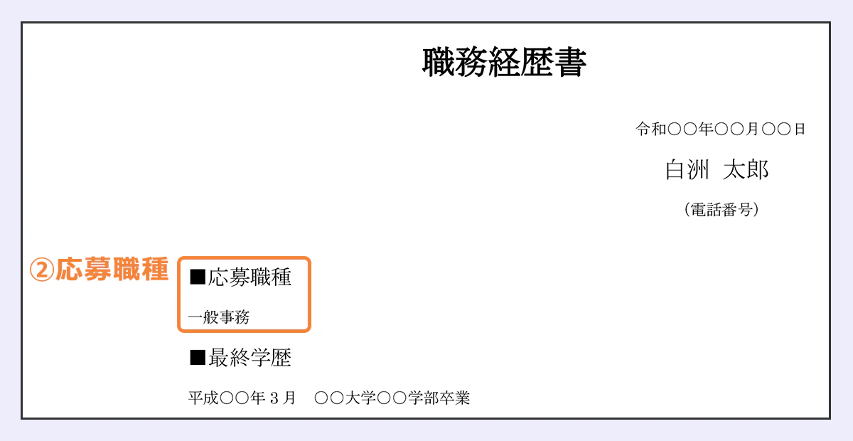 職務経歴書/1.基本情報:令和◯◯年◯◯月◯◯日/白洲太郎/(電話番号)/■応募職種/一般事務/■最終学歴/平成◯◯年3月◯◯大学◯◯学部卒業