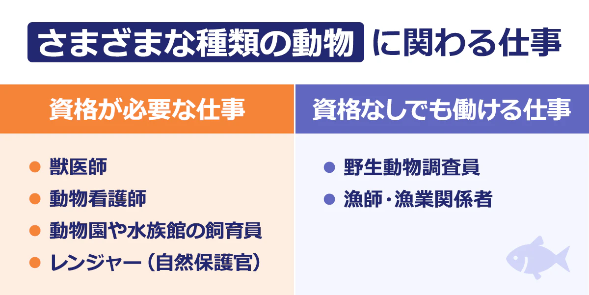 【さまざまな種類の動物に関わる仕事】資格が必要な仕事／	獣医師／動物看護師／動物園や水族館の飼育員／レンジャー（自然保護官）｜資格なしでも働ける仕事／野生動物調査員／漁師・漁業関係者