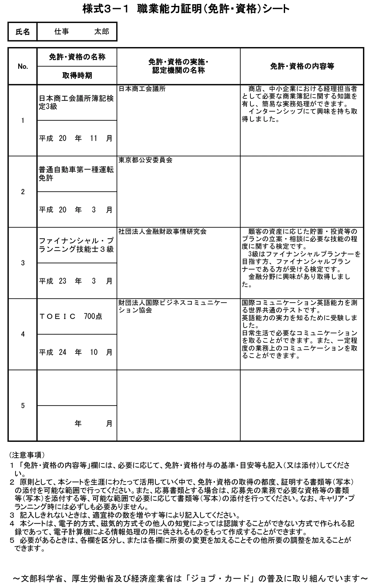 様式3-1 職業能力証明(免許・資格)シート※下記リンク先参照