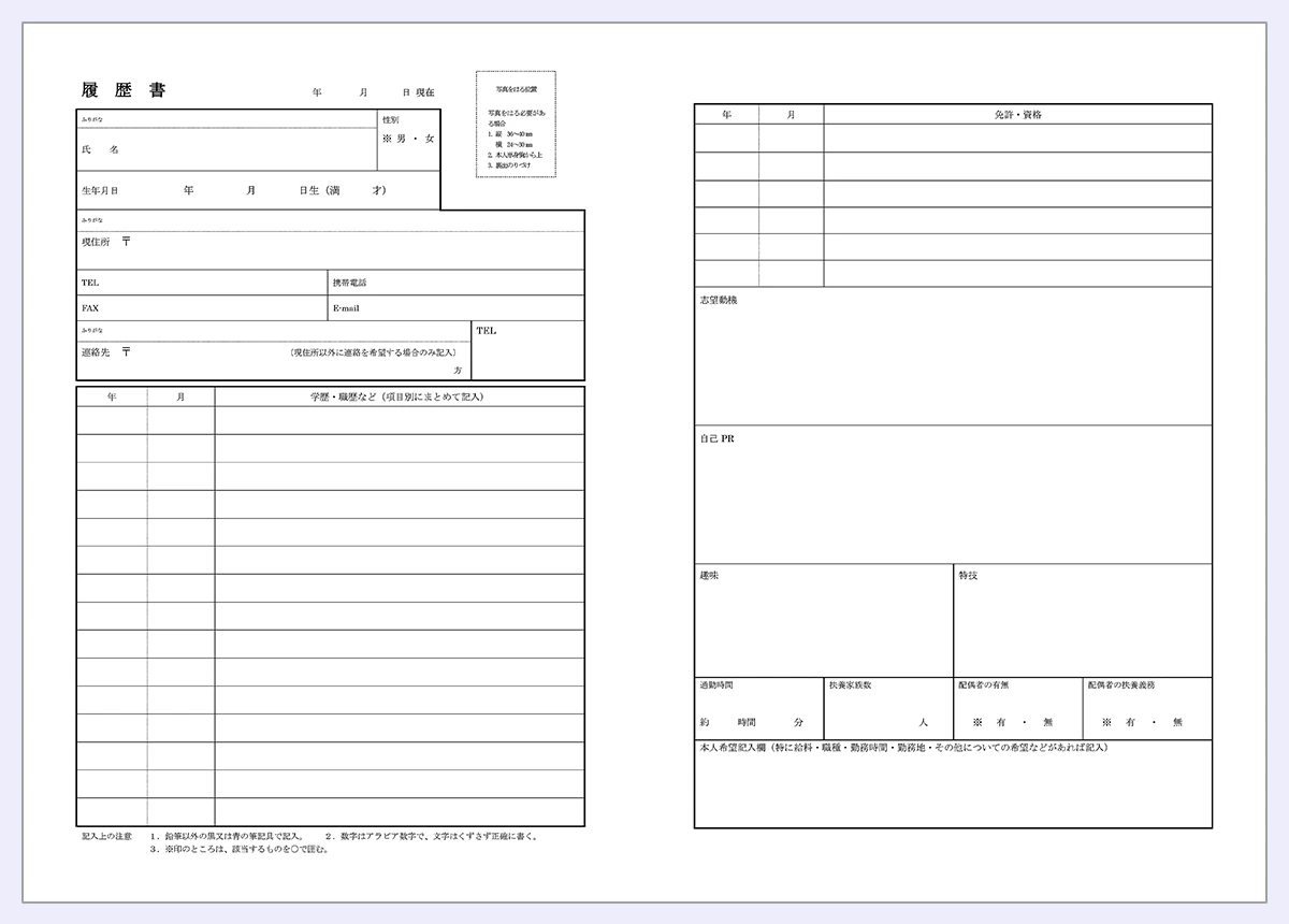 志望動機・自己PR欄の大きな履歴書のサンプル