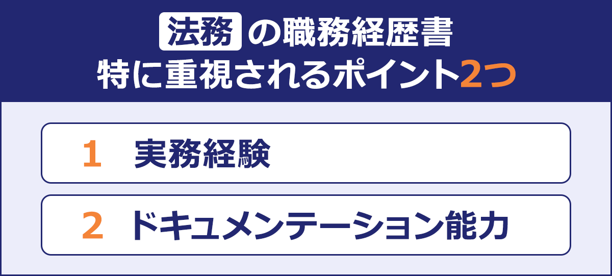 法務の職務経歴欄|おさえておきたいポイント2つ|1 実務経験|2 ドキュメンテーション能力