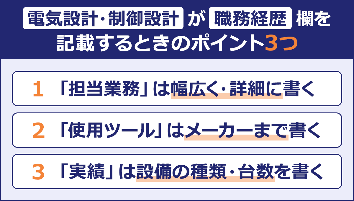 電気設計・制御設計が職務経歴欄を|記載するときのポイント3つ|1 「担当業務」は幅広く・詳細に書く|2 「使用ツール」はメーカーまで書く|3 「実績」は設備の種類・台数を書く|
