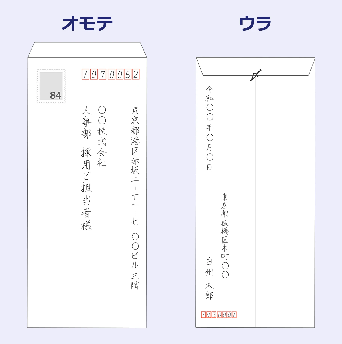 〈表〉 107-0052 東京都港区赤坂二－十一－七 ◯◯ビル ◯◯株式会社 人事部 採用ご担当者様  〈裏〉 令和◯◯年◯月◯日 173-0001 東京都板橋区本町◯◯ 白州太郎