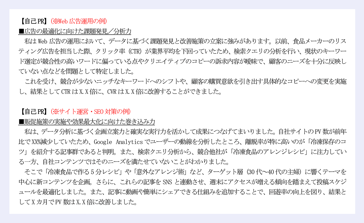 【自己PR】（※Web広告運用の例）|■広告の最適化に向けた課題発見／分析力|私はWeb広告の運用において、データに基づく課題発見と改善施策の立案に強みがあります。以前、食品メーカーのリスティング広告を担当した際、クリック率（CTR）が業界平均を下回っていたため、検索クエリの分析を行い、現状のキーワード選定が競合性の高いワードに偏っている点やクリエイティブのコピーの訴求内容が曖昧で、顧客のニーズを十分に反映していない点などを問題として特定しました。|これを受け、競合が少ないニッチなキーワードへのシフトや、顧客の購買意欲を引き出す具体的なコピーへの変更を実施し、結果としてCTRはX.X倍に、CVRはX.X倍に改善することができました。|【自己PR】（※サイト運営・SEO対策の例）|■販促施策の実施や効果最大化に向けた巻き込み力|私は、データ分析に基づく企画立案力と確実な実行力を活かして成果につなげてまいりました。自社サイトのPV数が前年比でXX%減少していたため、Google Analyticsでユーザーの動線を分析したところ、離脱率が特に高いのが「冷凍保存のコツ」を紹介する記事群であると判明。また、検索クエリ分析から、競合他社が「冷凍食品のアレンジレシピ」に注力している一方、自社コンテンツではそのニーズを満たせていないことがわかりました。|そこで「冷凍食品で作る5分レシピ」や「意外なアレンジ術」など、ターゲット層（30代～40代の主婦）に響くテーマを中心に新コンテンツを企画。さらに、これらの記事をSNSと連動させ、週末にアクセスが増える傾向を踏まえて投稿スケジュールを最適化しました。また、記事に動画や簡単にシェアできる仕組みを追加することで、回遊率の向上を図り、結果としてXカ月でPV数はX.X倍に改善しました。