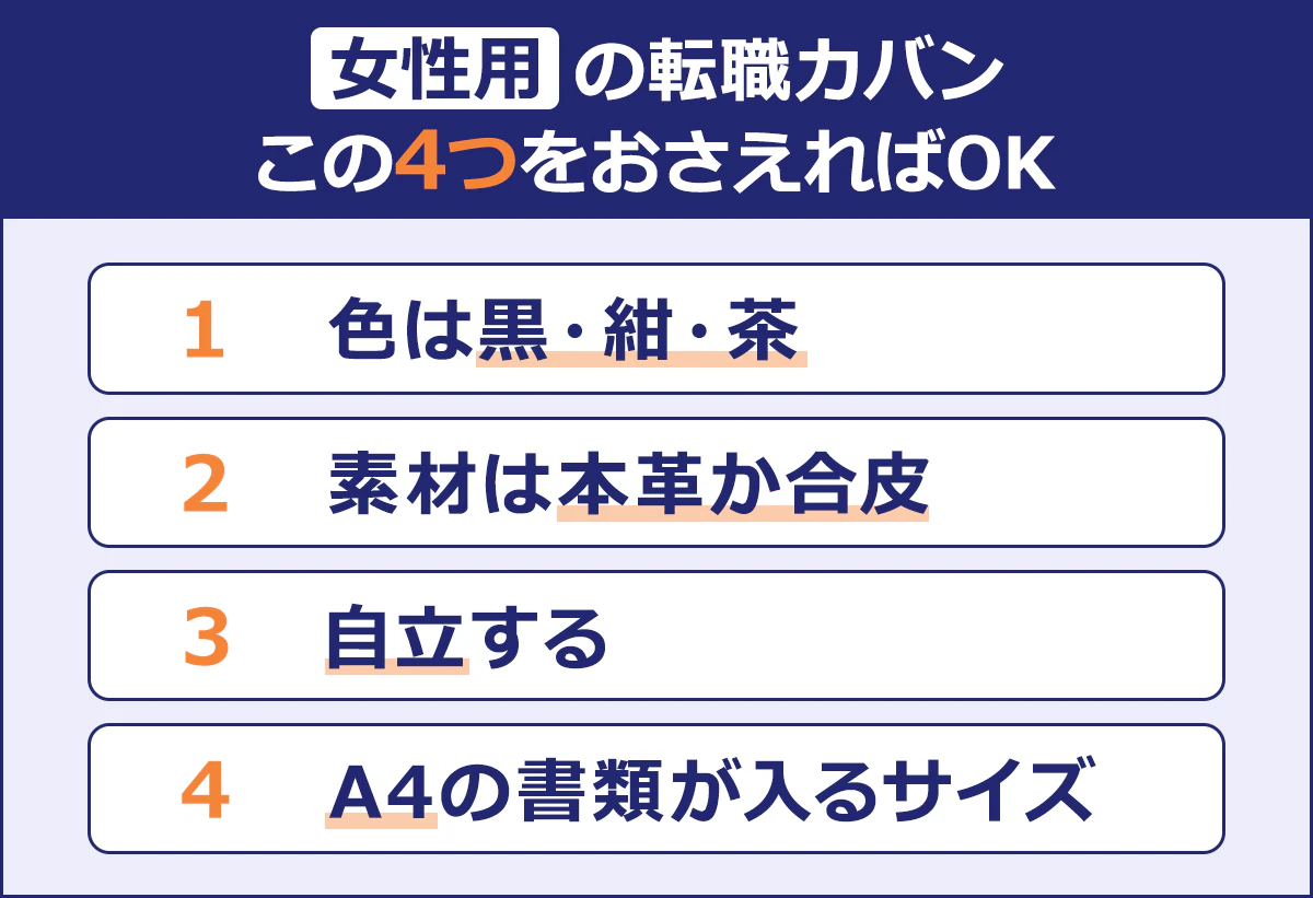【女性用の転職カバンこの4つをおさえればOK】色は黒・紺・茶／素材は本革か合皮／自立する／A4の書類が入るサイズ