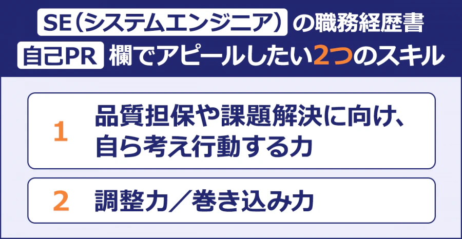 SE（システムエンジニア）の職務経歴書の自己PR欄でアピールしたい2つのスキル：1）品質担保や課題解決に向け、自ら考え行動する力／2）調整力／巻き込み力