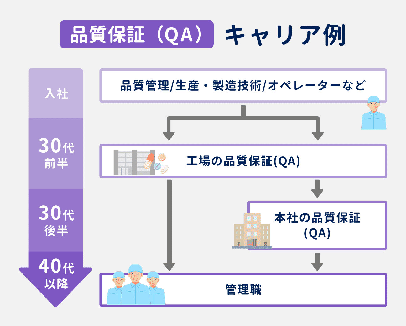 品質保証（QA）のキャリア例｜品質管理／生産・製造技術／オペレーターなどを経験したのち、30代前半に工場の品質保証（QA）へ。その後、30代後半～40代以降にかけて、本社の品質保証（QA）や管理職を目指していく