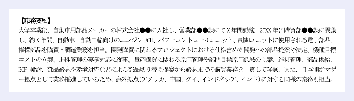 【職務要約】|大学卒業後、自動車用部品メーカーの株式会社●●に入社し、営業部●●課にてX 年間勤務。20XX 年に購買部●●課に異動し、約X 年間、自動車、自動二輪向けのエンジンECU、パワーコントロールユニット、制御ユニットに使用される電子部品、機構部品を購買・調達業務を担当。開発購買に関わるプロジェクトにおける仕様含めた開発への部品提案や決定、機種目標コストの立案、進捗管理の実務対応に従事。量産購買に関わる原価管理や部門目標原価低減の立案、進捗管理、部品供給、BCP 検討、部品終息や環境対応などによる部品切り替え提案から終息までの購買業務を一貫して経験。また、日本側がマザー拠点として業務推進しているため、海外拠点(アメリカ、中国、タイ、インドネシア、インド)に対する同様の業務も担当。