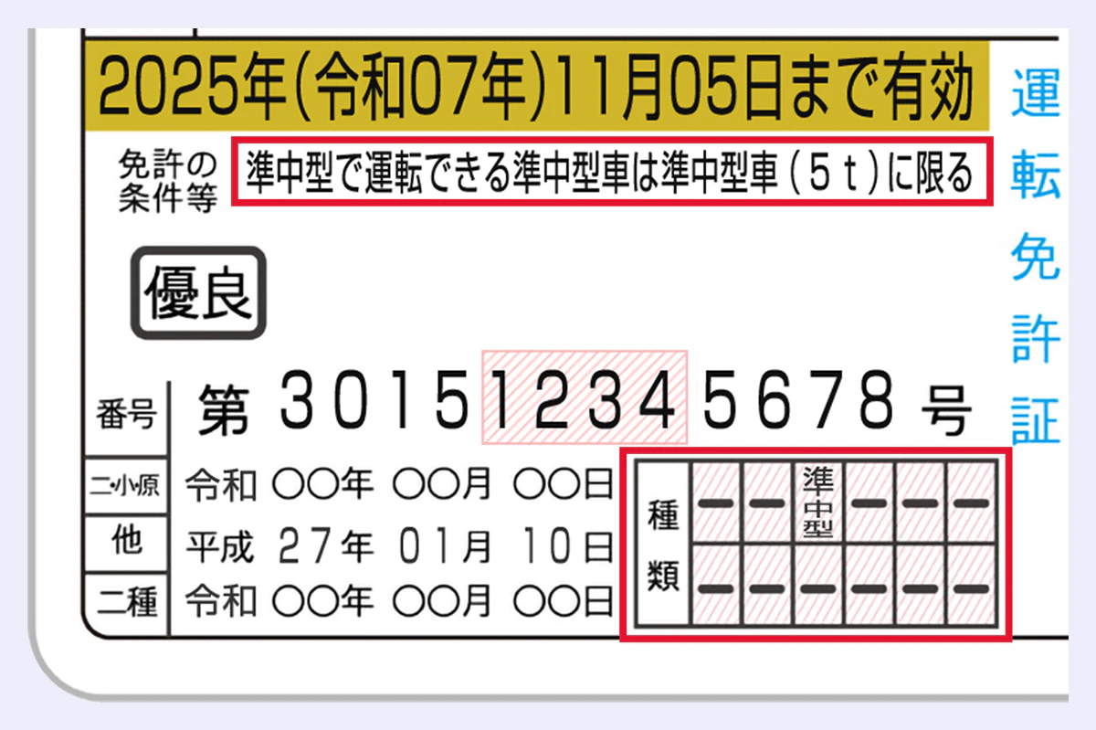 準中型免許の見本：免許の条件→準中型で運転できる準中型車は準中型車（5t）に限る