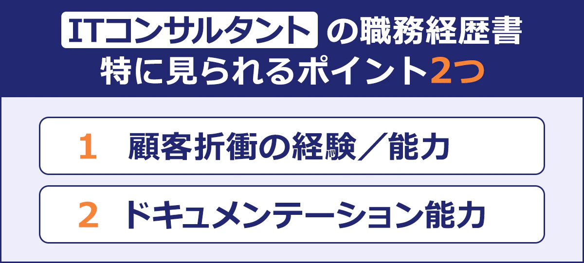 ITコンサルタントの職務経歴書|特に見られるポイント2つ|/顧客折衝の経験／能力|ドキュメンテーション能力|