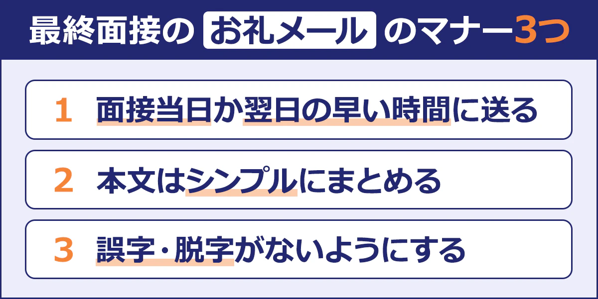 【最終面接のお礼メールのマナー3つ】面接当日か翌日の早い時間に送る／本文はシンプルにまとめる／誤字・脱字がないようにする