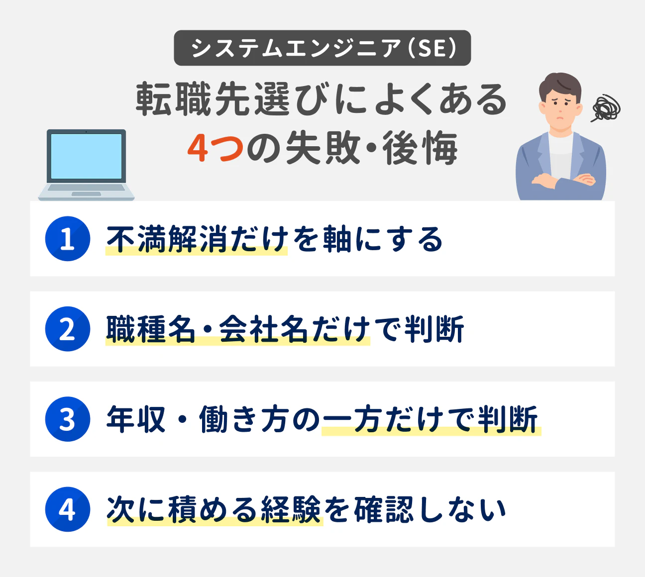 システムエンジニア（SE）転職先選びによくある4つの失敗・後悔｜（1）不満解消だけを軸にする、（2）職種名・会社名だけで判断、（3）年収・働き方の一方だけで判断、（4）次に積める経験を確認しない