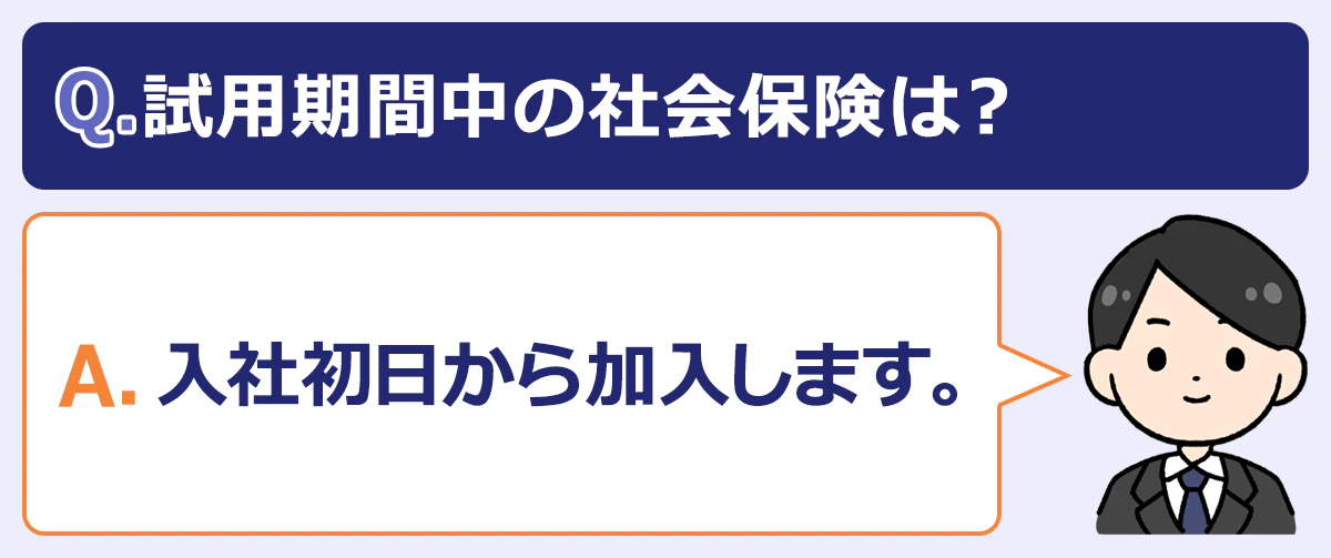 Q.試用期間中の社会保険はどうなる?A.社会保険は入社初日から加入する