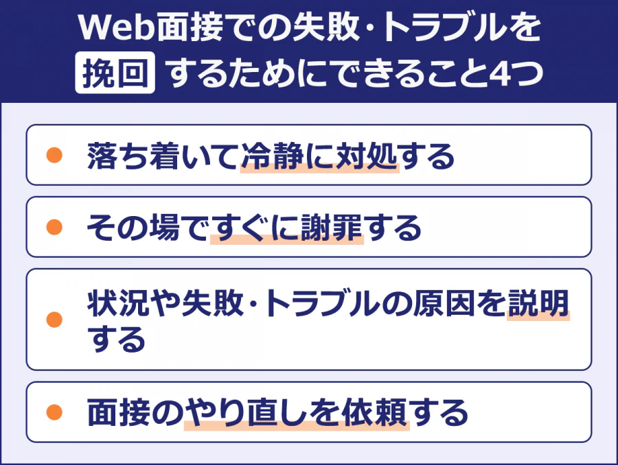 【Web面接での失敗・トラブルを挽回するためにできること4つ】・落ち着いて冷静に対処する／その場ですぐに謝罪する／・状況や失敗・トラブルの原因を説明する／面接のやり直しを依頼する