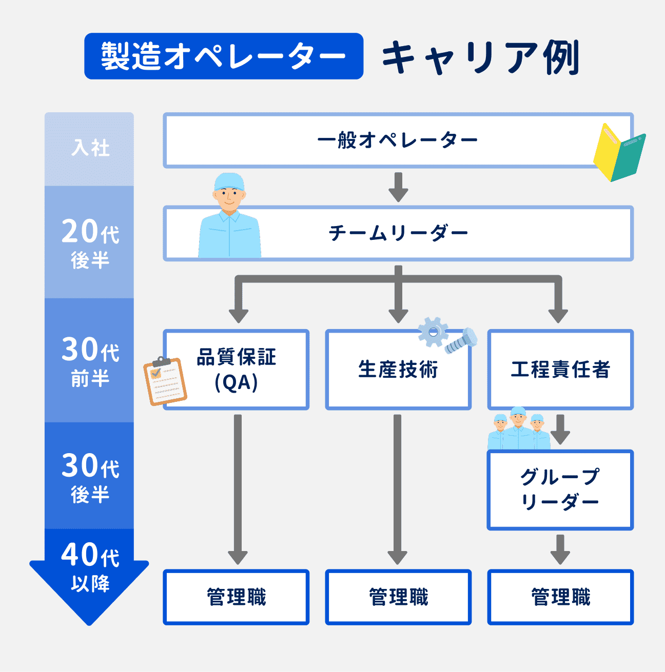 製造オペレーターのキャリア例｜一般オペレーターとして入社し、20代後半でチームリーダーを経験、30代前半でキャリアが「品質保証（QA）」「生産技術」「工程責任者」の3種類に分岐する｜その後、品質保証（QA）・生産技術の場合は40代以降を目処に管理職へ昇進。工程責任者の場合は、30代後半でグループリーダーを経験したのち、40代以降に管理職へ昇進していく