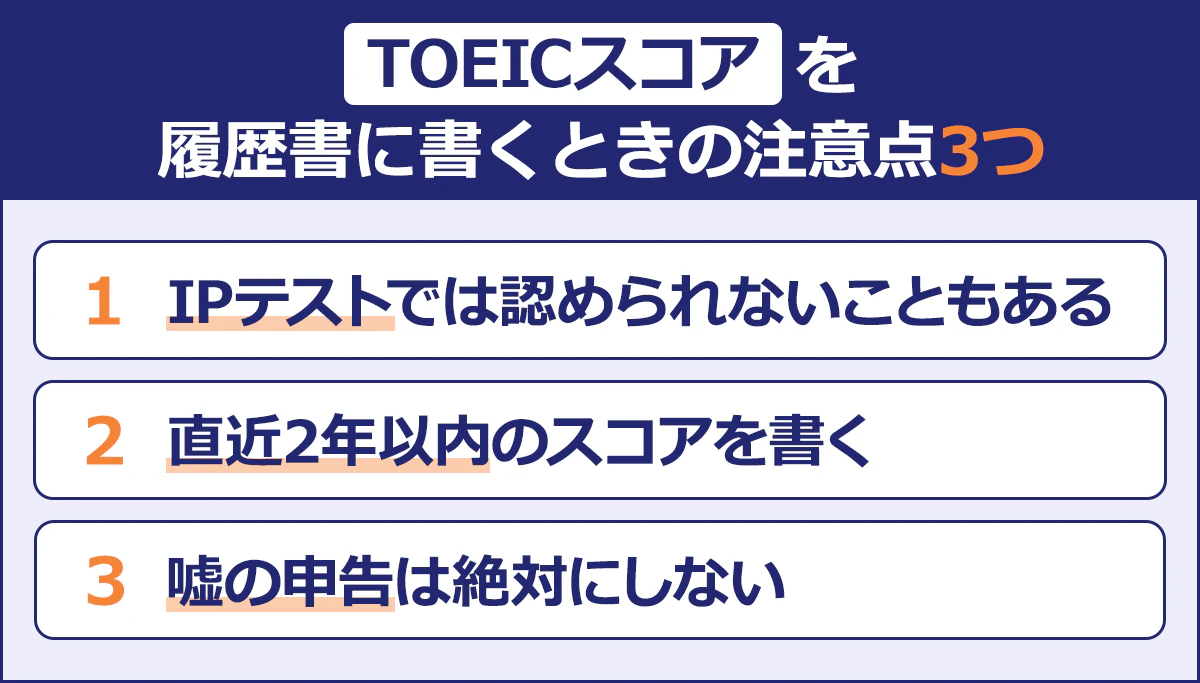 【TOEICスコアを履歴書に書くときの注意点3つ】1/IPテストでは認められないこともある/2/直近2年以内のスコアを書く/3/嘘の申告は絶対にしない