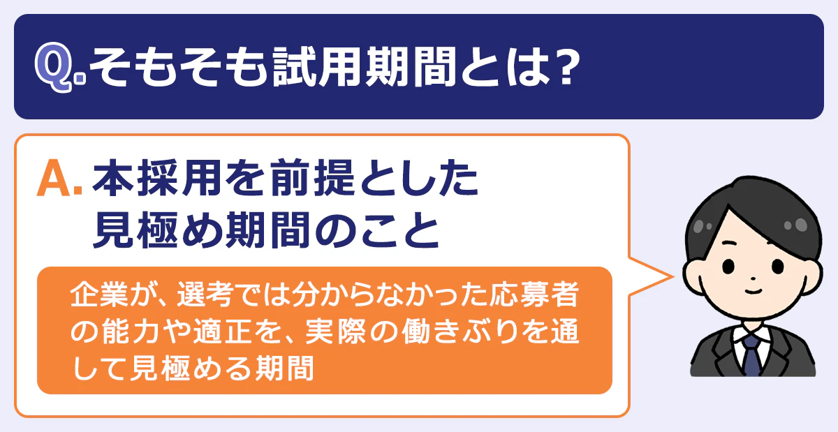 Q.試用期間とは? A.本採用を前提とした見極め期間(企業が、選考ではわからなかった応募者の能力や適性を、実際の働きぶりを通して見極める)