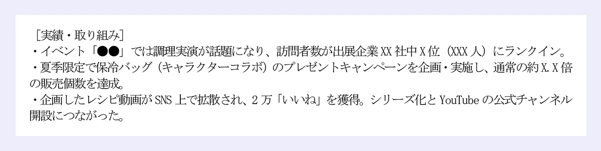 [実績・取り組み]｜・イベント「●●」では調理実演が話題になり、訪問者数が出展企業XX 社中X 位(XXX 人)にランクイン。｜・夏季限定で保冷バッグ(キャラクターコラボ)のプレゼントキャンペーンを企画・実施し、通常の約X.X 倍の販売個数を達成。｜・企画したレシピ動画がSNS 上で拡散され、2 万「いいね」を獲得。シリーズ化とYouTube の公式チャンネル開設につながった。