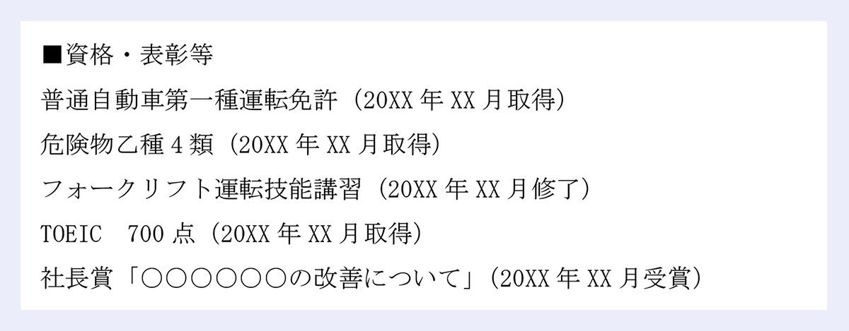■資格・表彰等 |普通自動車第一種運転免許(20XX年XX月取得) |危険物乙種4類(20XX年XX月取得) |フォークリフト運転技能講習(20XX年XX月修了) |TOEIC 700点(20XX年XX月取得) |社長賞「○○○○○○の改善について」(20XX年XX月受賞)