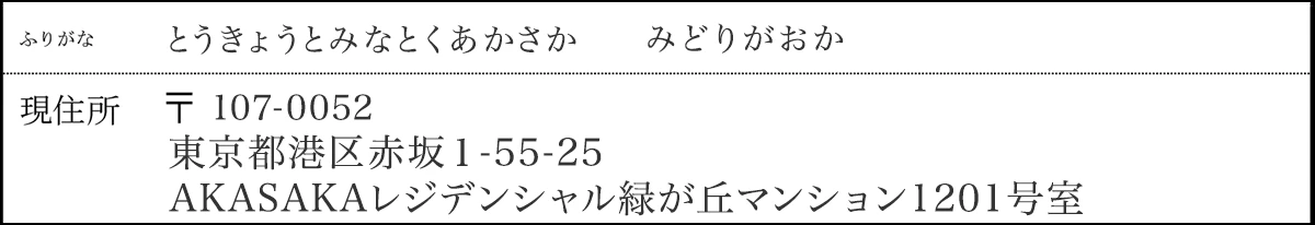 現住所：〒107-0052　東京都港区赤坂１-55-25 AKASAKA緑が丘マンション1201号室（とうきょうとみなとくあかさか　みどりがおか）