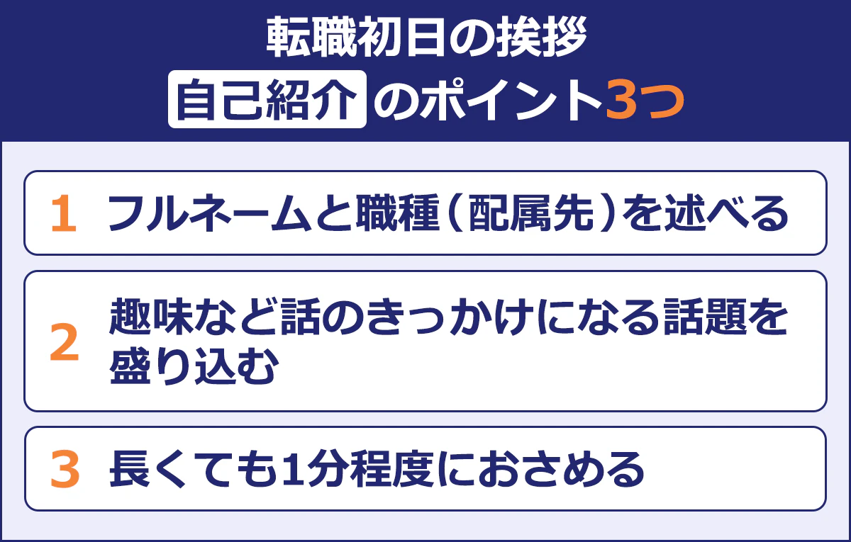  【転職初日の挨拶】 自己紹介のポイント3つ ■フルネームと職種（配属先）を述べる ■趣味など話のきっかけになる話題を盛り込む ■長くても1分程度におさめる