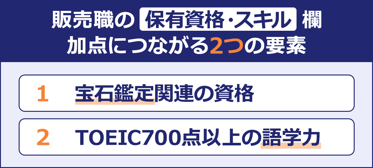 ~販売職の保有資格・スキル欄 加点につながる2つの要素~|1 宝石鑑定関連の資格|2 TOEIC700点以上の語学力